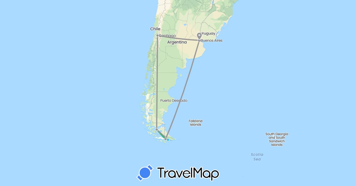 TravelMap itinerary: driving, bus, plane, boat in Argentina, Chile (South America)